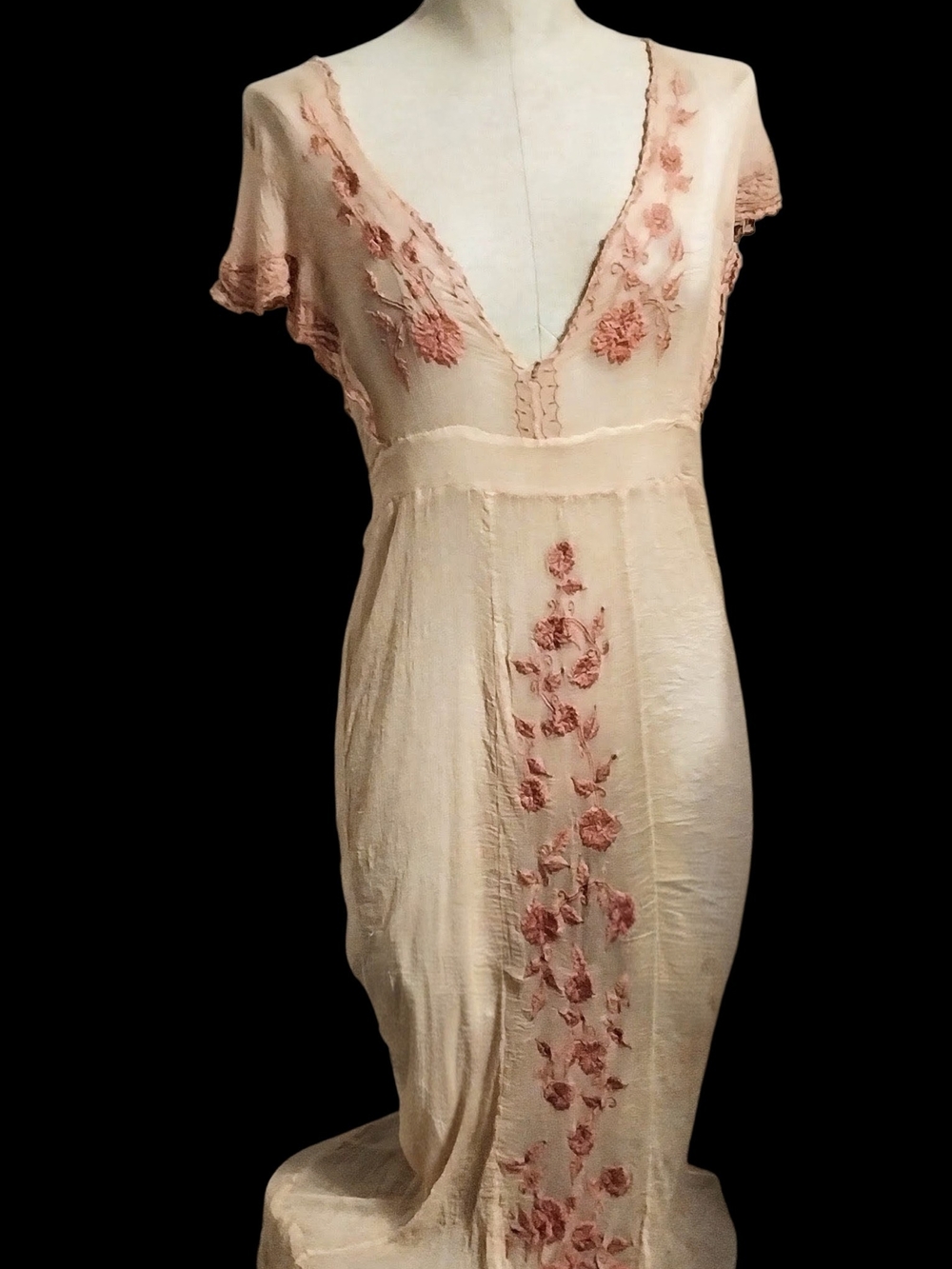 Authentic 1930s sheer blush pink silk chiffon boudoir gown / slip dress